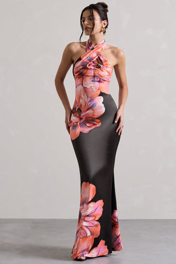 Tropicana Pink Floral Satin Cross Over Halterneck Maxi Dress